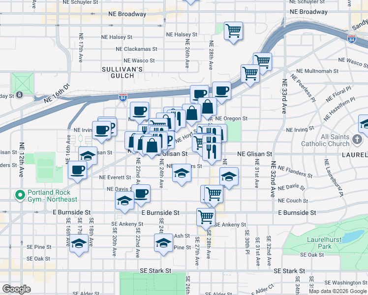 map of restaurants, bars, coffee shops, grocery stores, and more near 2555 Northeast Glisan Street in Portland