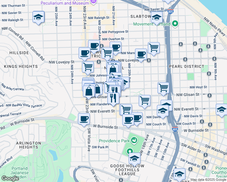 map of restaurants, bars, coffee shops, grocery stores, and more near 2145-2147 Northwest Glisan Street in Portland