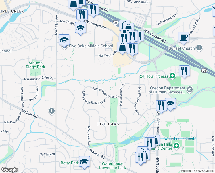 map of restaurants, bars, coffee shops, grocery stores, and more near 930 Northwest Muirfield Court in Beaverton