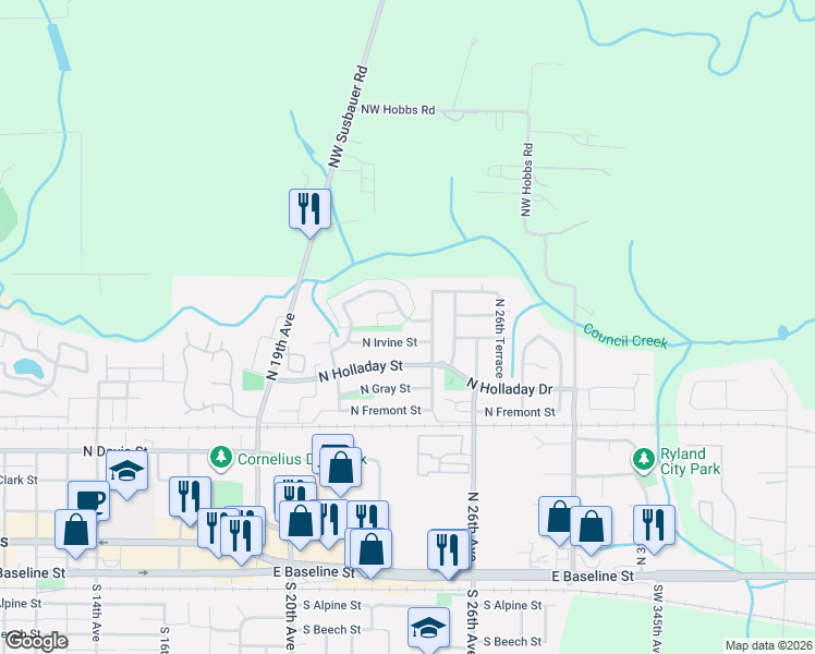 map of restaurants, bars, coffee shops, grocery stores, and more near 2391 North Kamiakan Drive in Cornelius