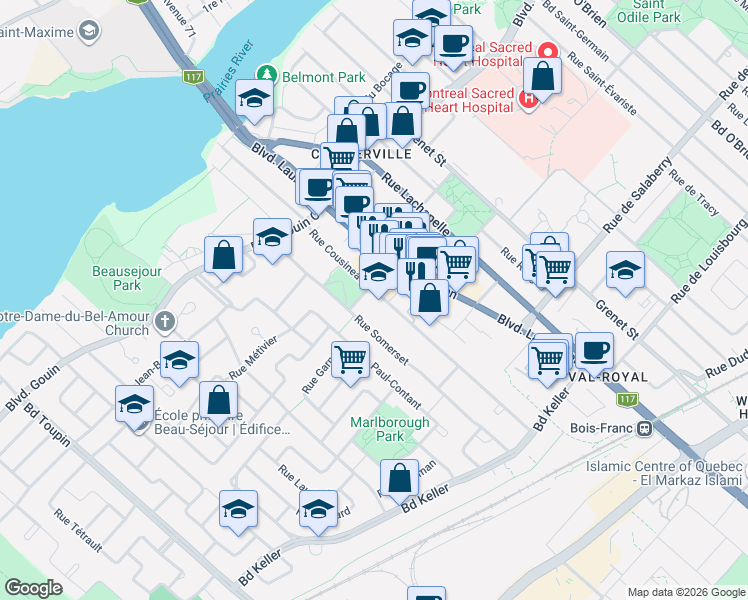 map of restaurants, bars, coffee shops, grocery stores, and more near 12148 Rue Cousineau in Montréal