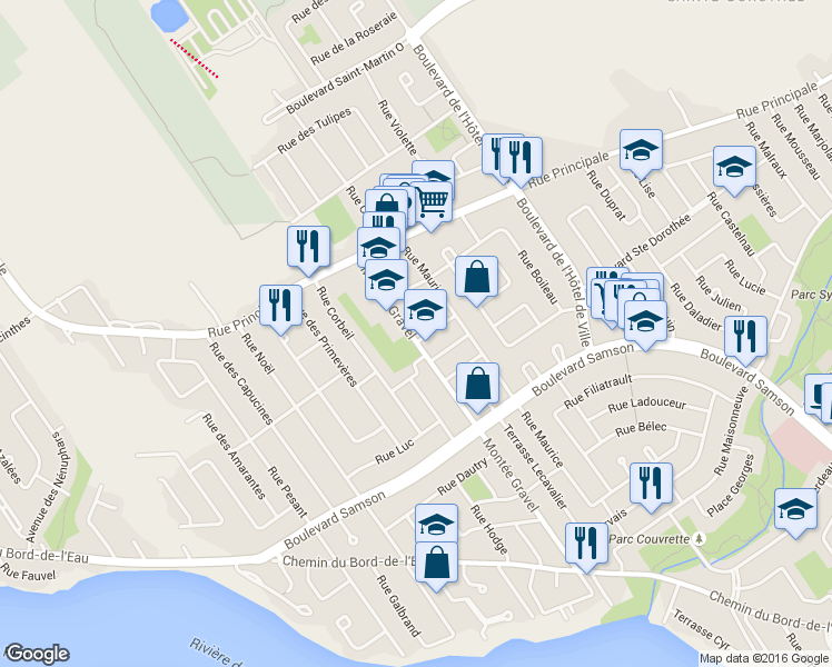 map of restaurants, bars, coffee shops, grocery stores, and more near 925 Montée Gravel in Laval