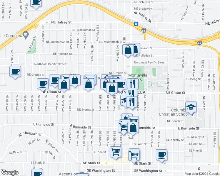map of restaurants, bars, coffee shops, grocery stores, and more near 524 Northeast 79th Avenue in Portland