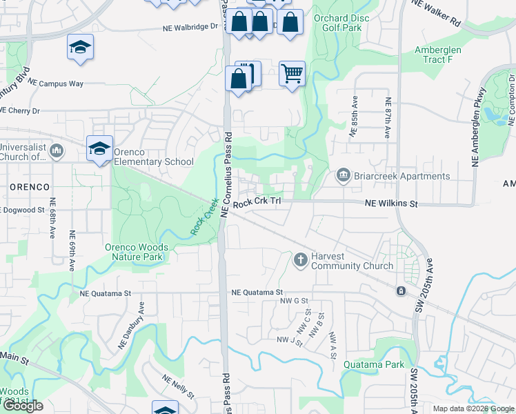 map of restaurants, bars, coffee shops, grocery stores, and more near Northeast Rockne Way in Hillsboro