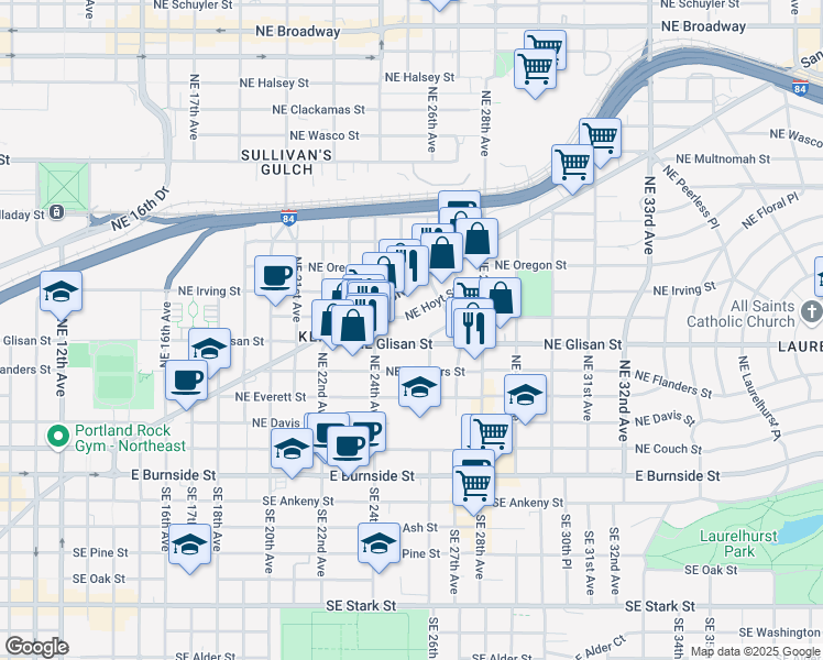 map of restaurants, bars, coffee shops, grocery stores, and more near 2504 Northeast Hoyt Street in Portland