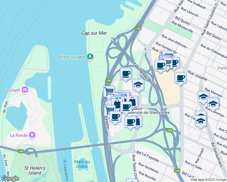 map of restaurants, bars, coffee shops, grocery stores, and more near in Longueuil