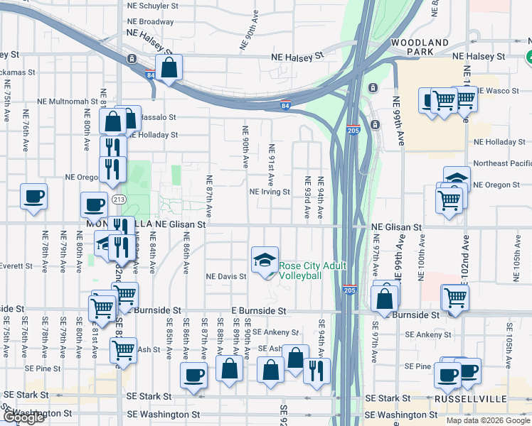 map of restaurants, bars, coffee shops, grocery stores, and more near 9050 Northeast Hoyt Street in Portland