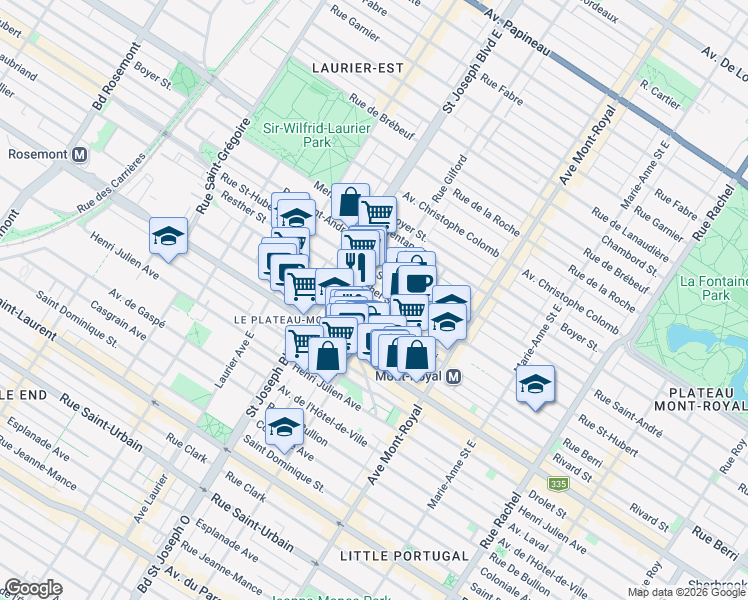 map of restaurants, bars, coffee shops, grocery stores, and more near 4753 Rue Pontiac in Montrã©Al