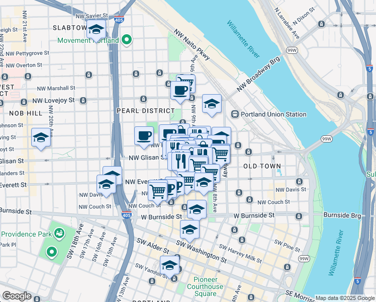 map of restaurants, bars, coffee shops, grocery stores, and more near 937 Northwest Glisan Street in Portland