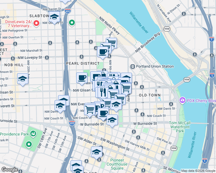 map of restaurants, bars, coffee shops, grocery stores, and more near 937 Northwest Glisan Street in Portland