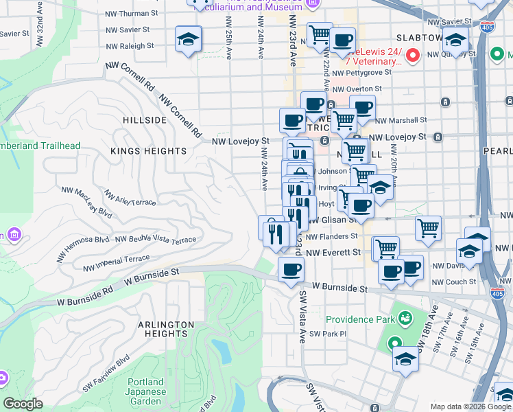 map of restaurants, bars, coffee shops, grocery stores, and more near 2454 Northwest Westover Road in Portland