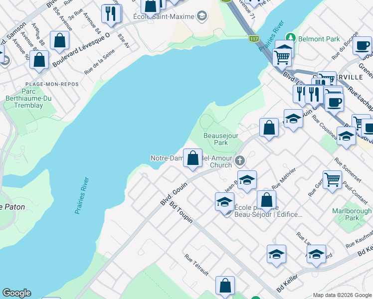 map of restaurants, bars, coffee shops, grocery stores, and more near 12470 Rue Olivier in Montréal