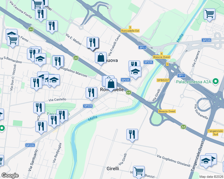 map of restaurants, bars, coffee shops, grocery stores, and more near 303 Via Martiri della Libertà in Roncadelle