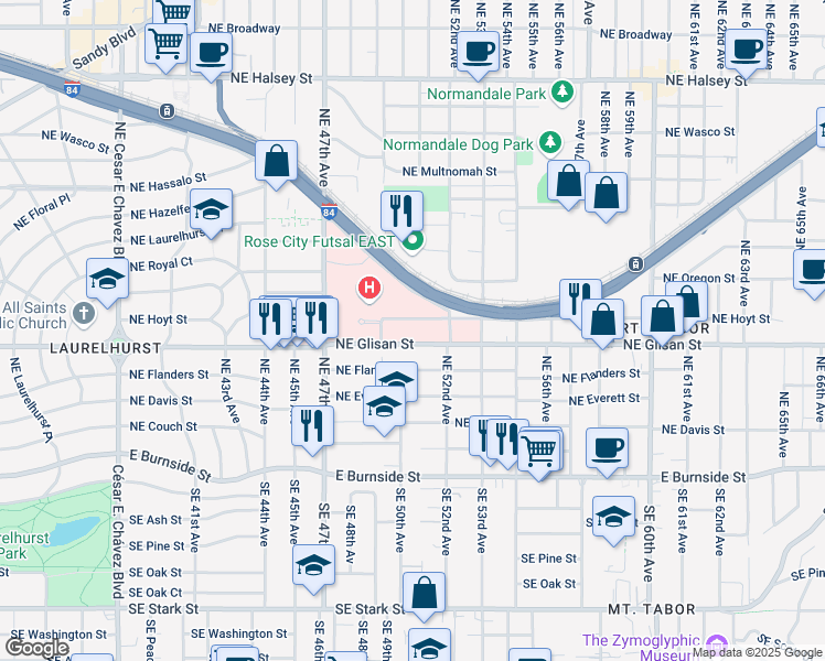 map of restaurants, bars, coffee shops, grocery stores, and more near 5050 Northeast Hoyt Street in Portland