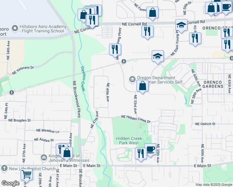 map of restaurants, bars, coffee shops, grocery stores, and more near 5293 NE Elam Young Pkwy in Hillsboro