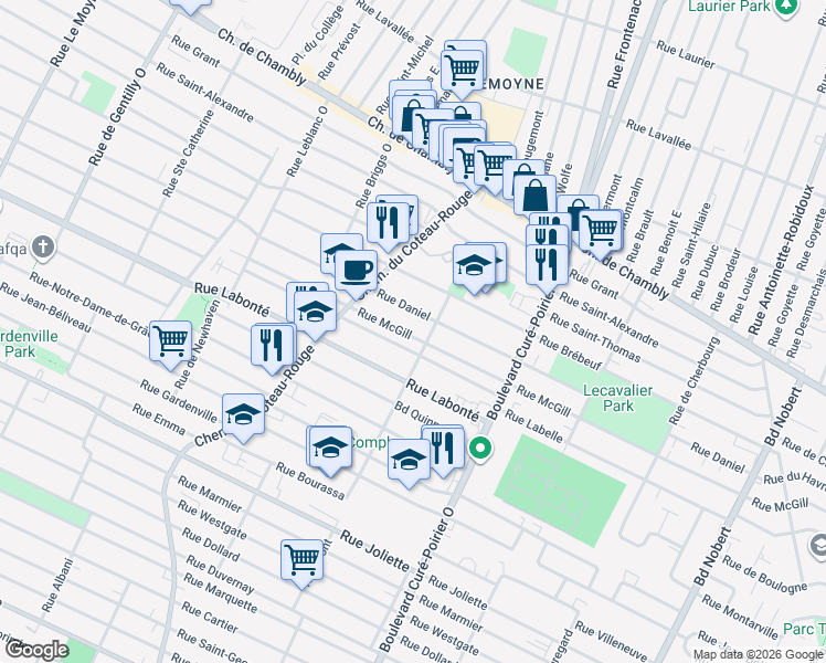map of restaurants, bars, coffee shops, grocery stores, and more near 1625 Rue McGill in Longueuil
