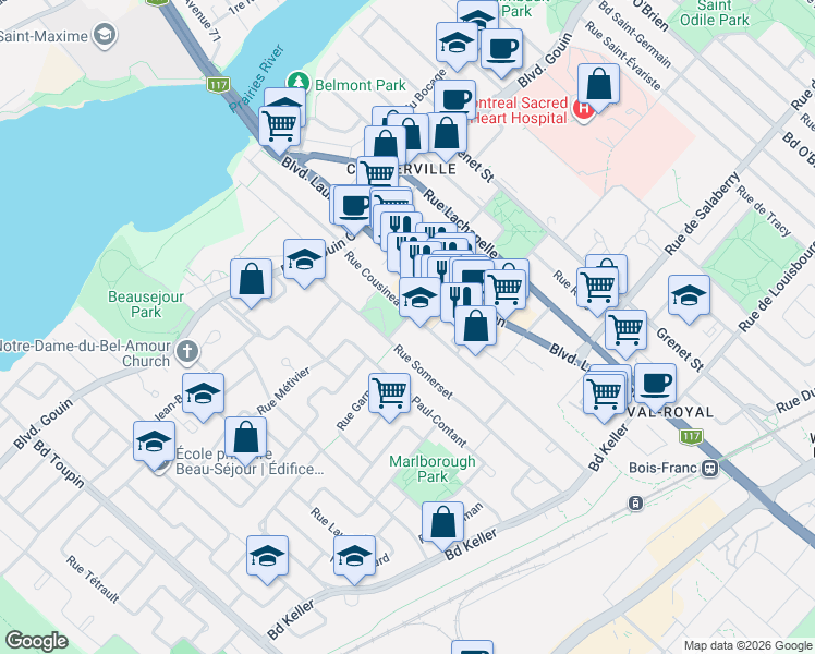 map of restaurants, bars, coffee shops, grocery stores, and more near 6420 Rue Laurin in Montréal