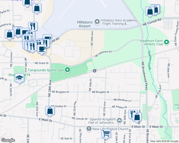 map of restaurants, bars, coffee shops, grocery stores, and more near 601 Northeast 34th Avenue in Hillsboro