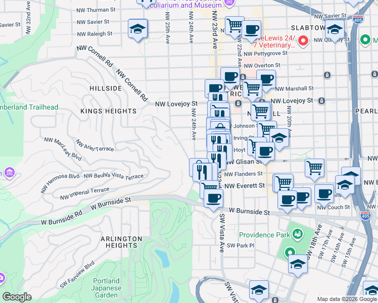 map of restaurants, bars, coffee shops, grocery stores, and more near 2454 Northwest Westover Road in Portland