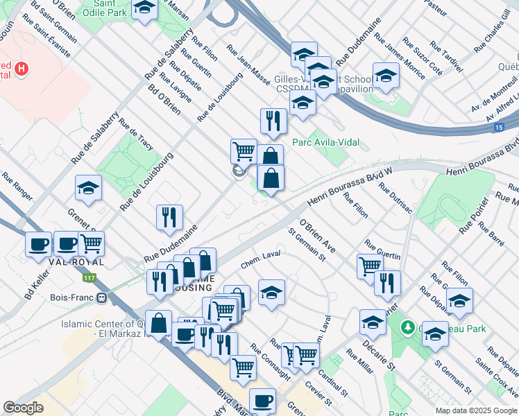 map of restaurants, bars, coffee shops, grocery stores, and more near 11666 Boulevard Saint Germain in Montréal