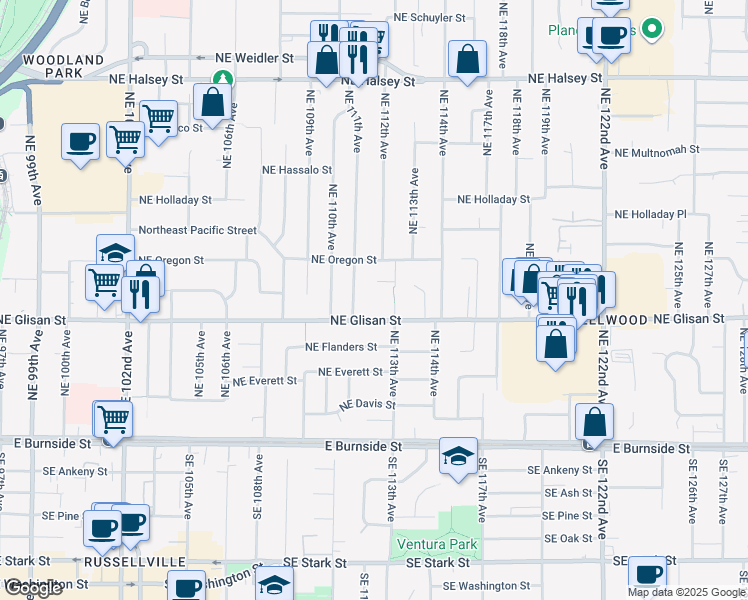 map of restaurants, bars, coffee shops, grocery stores, and more near 11243 Northeast Glisan Street in Portland