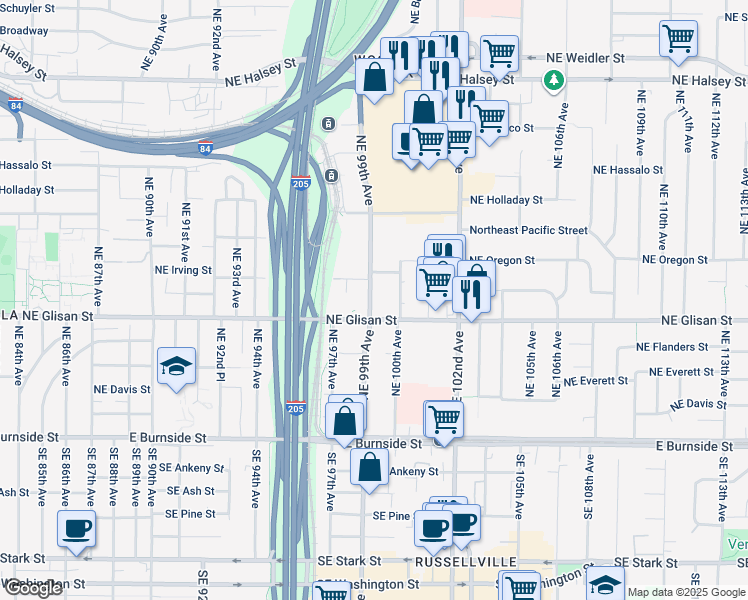 map of restaurants, bars, coffee shops, grocery stores, and more near 610 Northeast 99th Avenue in Portland