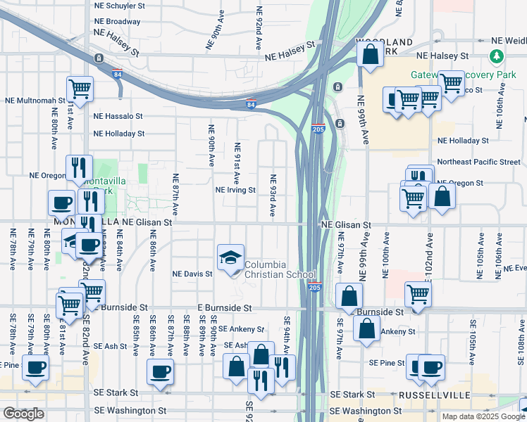 map of restaurants, bars, coffee shops, grocery stores, and more near 9265 Northeast Glisan Street in Portland