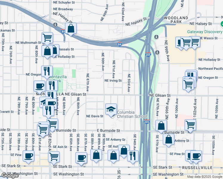 map of restaurants, bars, coffee shops, grocery stores, and more near 9129 Northeast Glisan Street in Portland