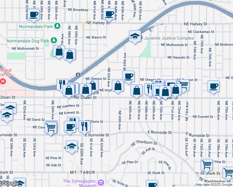 map of restaurants, bars, coffee shops, grocery stores, and more near 6323 Northeast Glisan Street in Portland