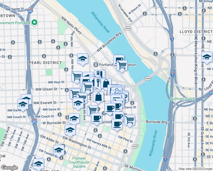 map of restaurants, bars, coffee shops, grocery stores, and more near in Portland