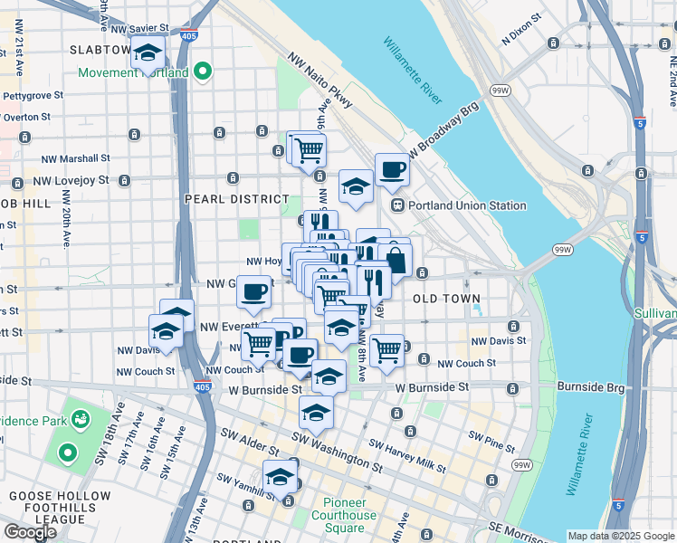 map of restaurants, bars, coffee shops, grocery stores, and more near 798 Northwest Glisan Street in Portland