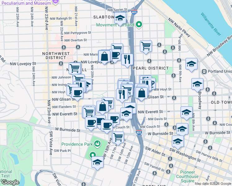 map of restaurants, bars, coffee shops, grocery stores, and more near in Portland