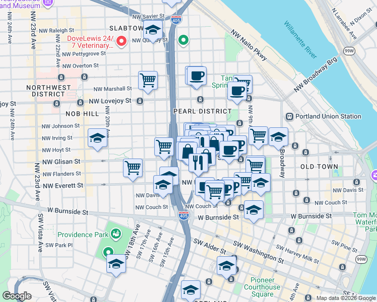 map of restaurants, bars, coffee shops, grocery stores, and more near 1430 Northwest Hoyt Street in Portland