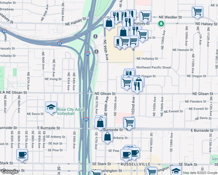 map of restaurants, bars, coffee shops, grocery stores, and more near 540 Northeast 99th Avenue in Portland