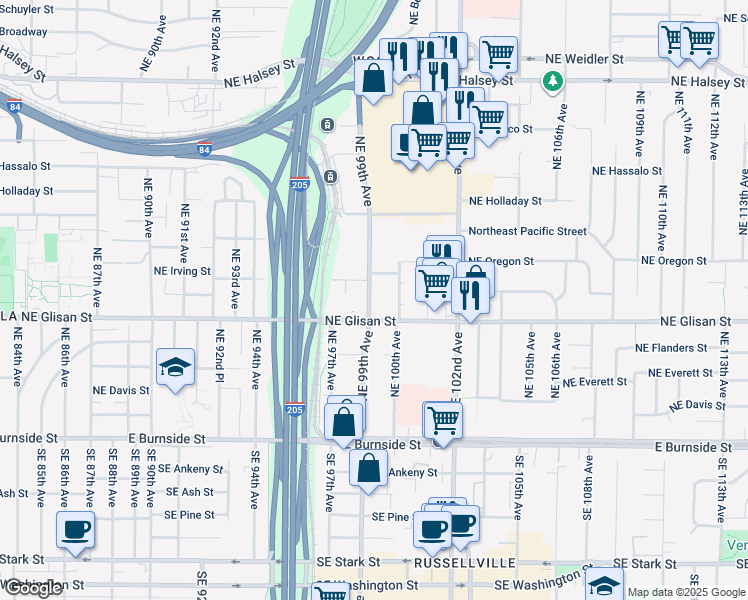 map of restaurants, bars, coffee shops, grocery stores, and more near 540 Northeast 99th Avenue in Portland
