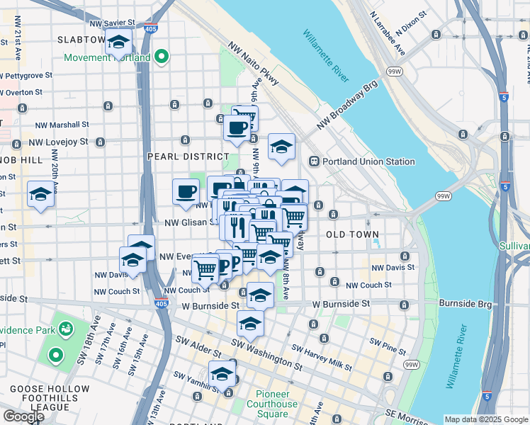 map of restaurants, bars, coffee shops, grocery stores, and more near 425 Northwest 9th Avenue in Portland