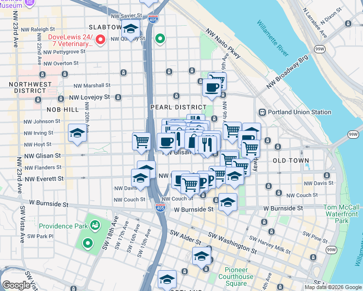 map of restaurants, bars, coffee shops, grocery stores, and more near 526 Northwest 13th Avenue in Portland