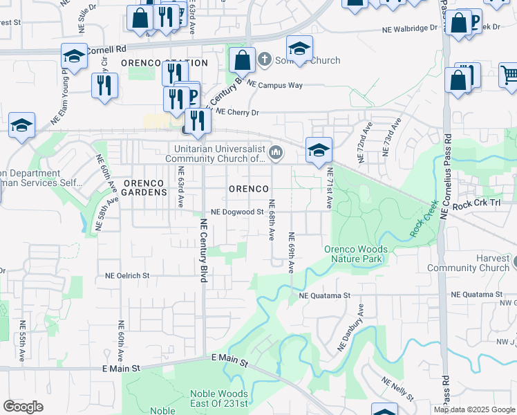 map of restaurants, bars, coffee shops, grocery stores, and more near 6723 Northeast Dogwood Street in Hillsboro