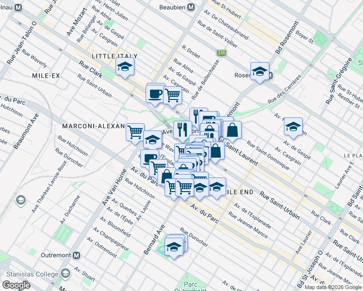 map of restaurants, bars, coffee shops, grocery stores, and more near 5956 Rue Saint-Urbain in Montréal