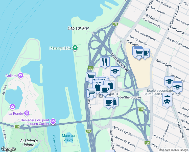 map of restaurants, bars, coffee shops, grocery stores, and more near 70 Rue de la Barre in Longueuil