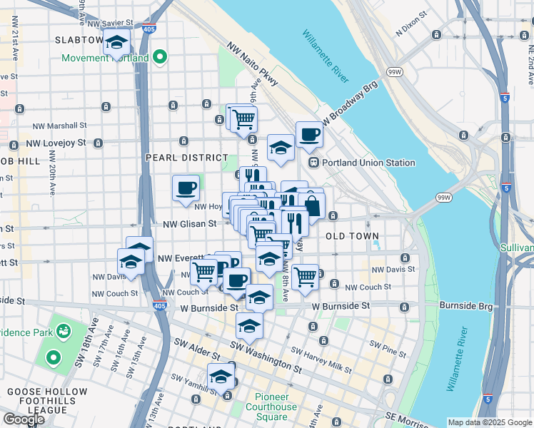 map of restaurants, bars, coffee shops, grocery stores, and more near 555 Northwest Park Avenue in Portland