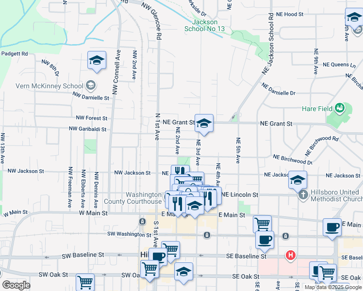 map of restaurants, bars, coffee shops, grocery stores, and more near 442 Northeast 2nd Avenue in Hillsboro