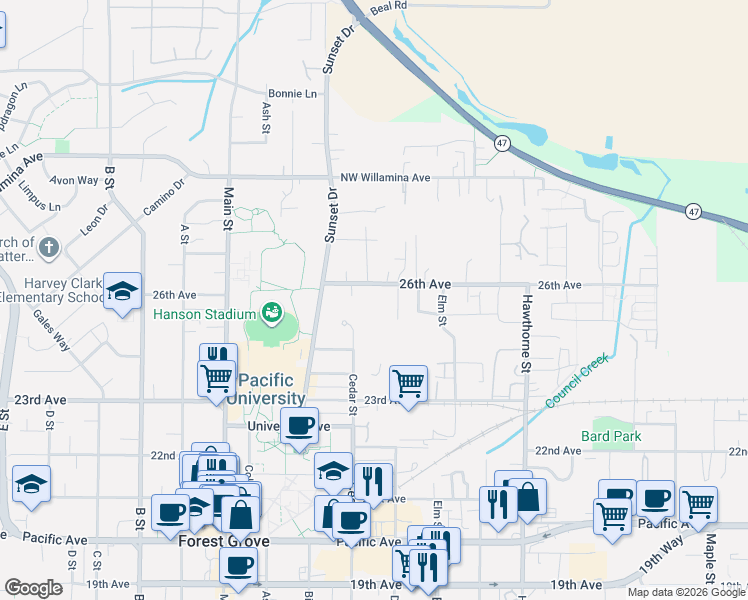 map of restaurants, bars, coffee shops, grocery stores, and more near 2537 Bourbon Street in Forest Grove