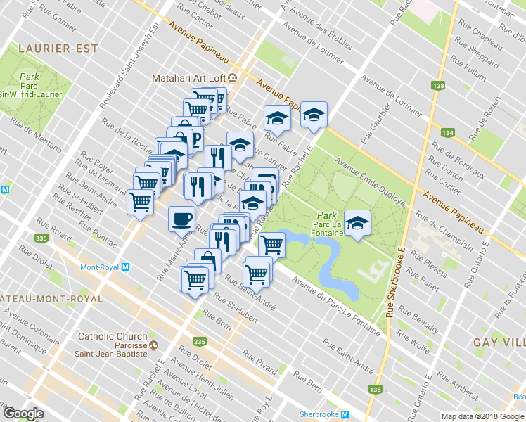 map of restaurants, bars, coffee shops, grocery stores, and more near 1239 Rue Rachel Est in Montréal