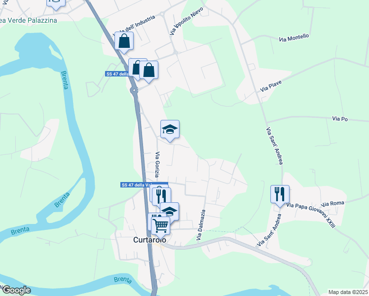 map of restaurants, bars, coffee shops, grocery stores, and more near 2 Via Alessandro Volta in Curtarolo