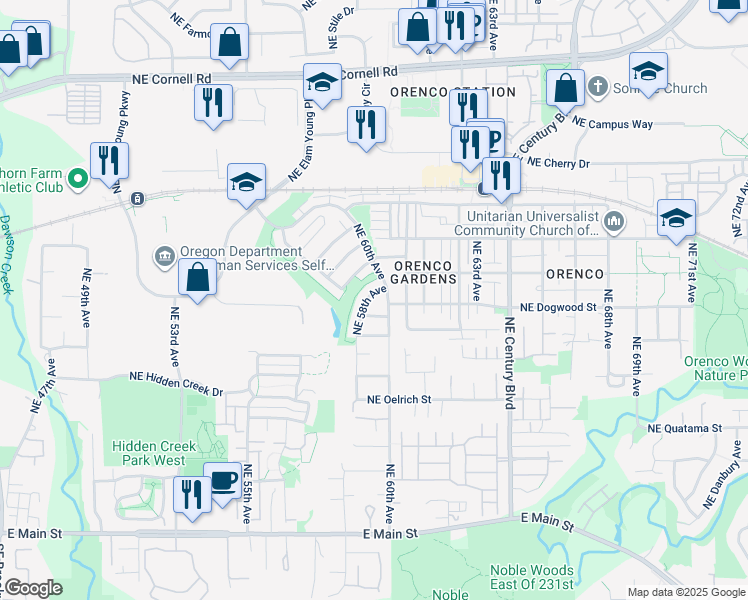 map of restaurants, bars, coffee shops, grocery stores, and more near 562 Northeast 58th Avenue in Hillsboro