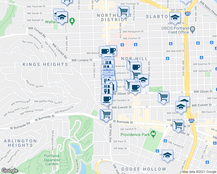 map of restaurants, bars, coffee shops, grocery stores, and more near NW 23rd Ave & NW Hoyt St in Portland
