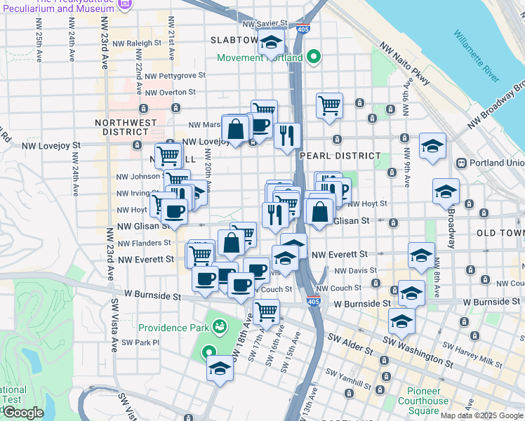 map of restaurants, bars, coffee shops, grocery stores, and more near 1734 Northwest Hoyt Street in Portland
