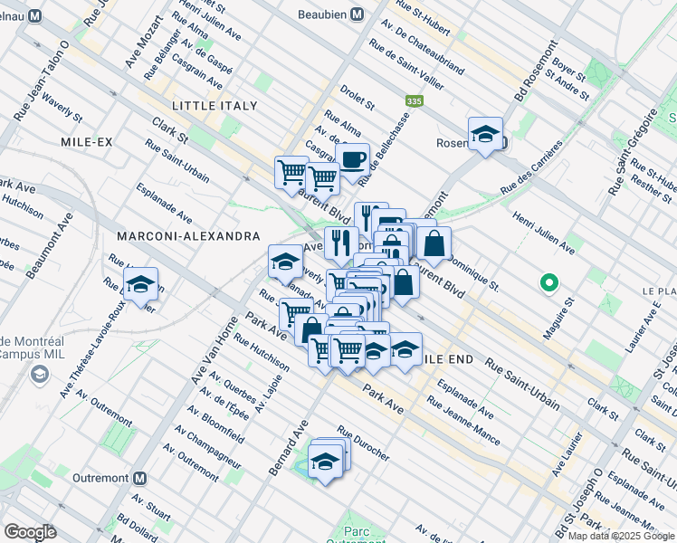 map of restaurants, bars, coffee shops, grocery stores, and more near 5960 Rue Saint-Urbain in Montréal