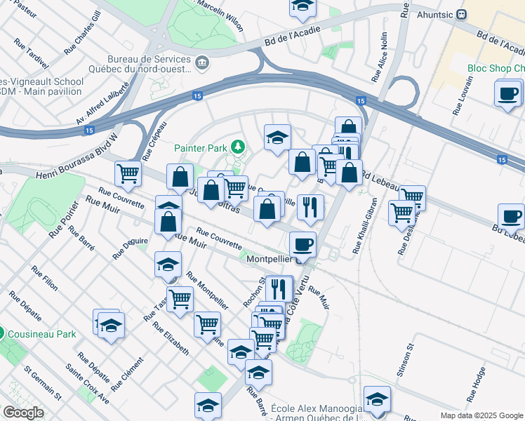 map of restaurants, bars, coffee shops, grocery stores, and more near 1275 Boulevard Jules Poitras in Montréal